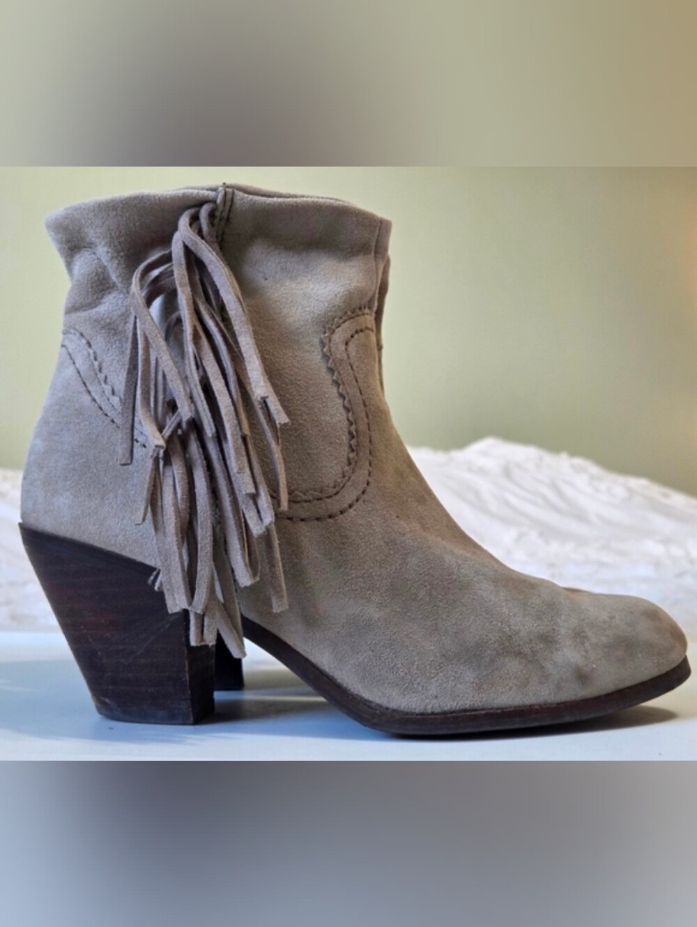Sam Edelman 👢Cowgirl Fringe Ankle Booties - Taupe Suede Western Festival Sz 7